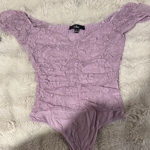 Lulu's Soft Purple Lace Off-Shoulder Bodysuit